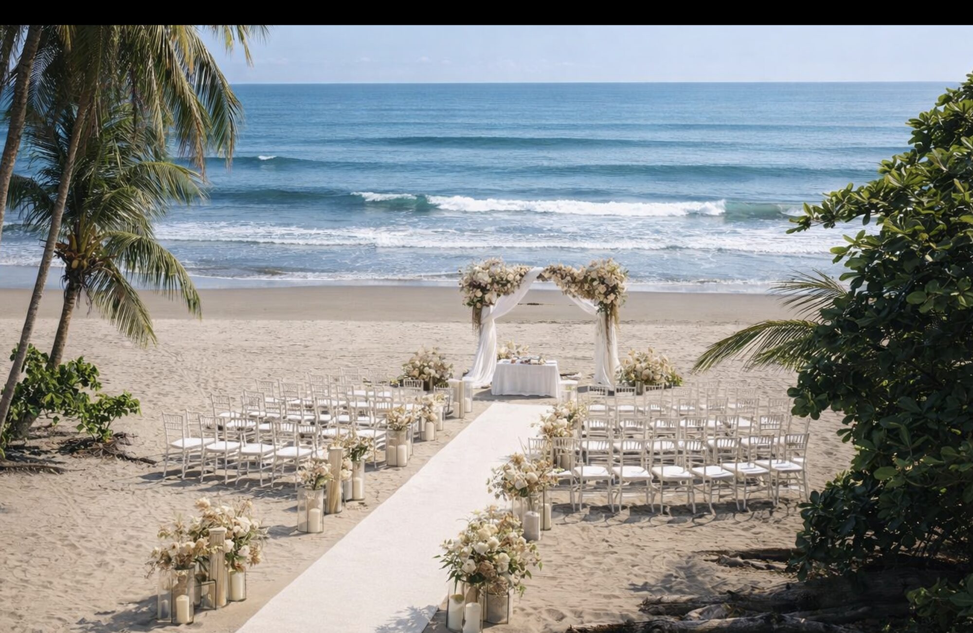 The Villa Esterillos — long candle-lit reception table under the stars